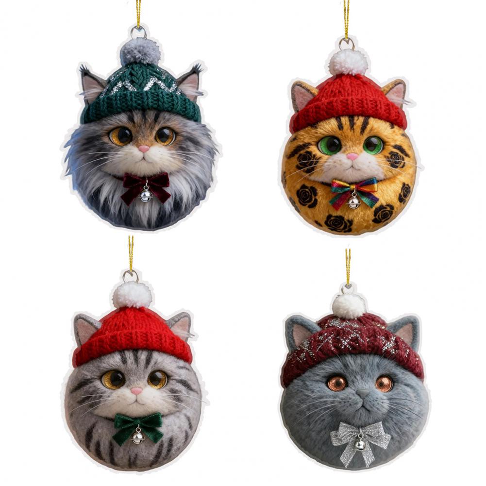 2D Acrylic Cat Dog Rabbit Hanging Pendents Plush Pet Shaped Ornament Christmas Tree Cozy Winter Animal Charm Knitted Hat Decor