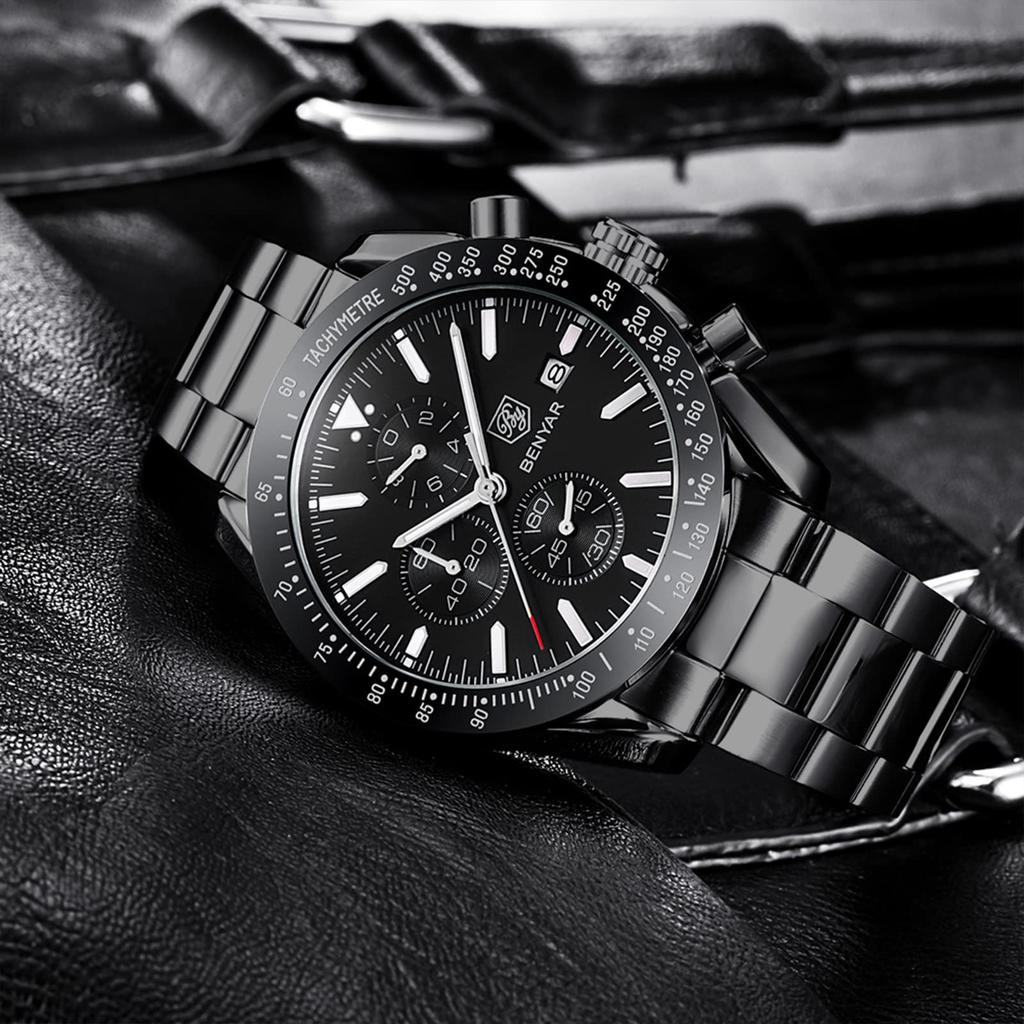 Benyar Men's Chronograph Watch 30M Water Resistant Formal Leather Band Silver Black Quartz Stylish Gift