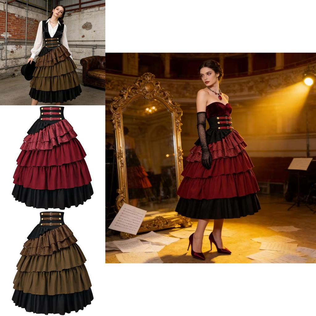 Vintage Steampunk Fashion Skirt With Ruffle Layers For Stage Performance And Cosplay