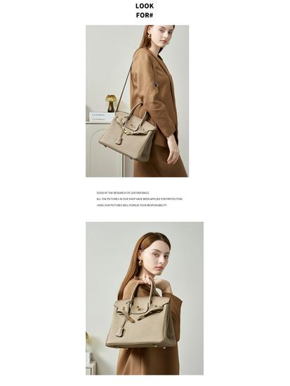 Wax Thread Lychee Grain Cowhide Leather Handbag with Lock Buckle - Women's Platinum Grade Purse