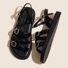 Soft leather flat bottom one-word belt buckle outer wear sandals women's 2025 summer retro casual Roman beach shoes platform