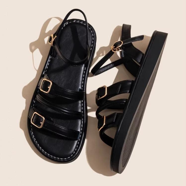 Soft leather flat bottom one-word belt buckle outer wear sandals women's 2025 summer retro casual Roman beach shoes platform