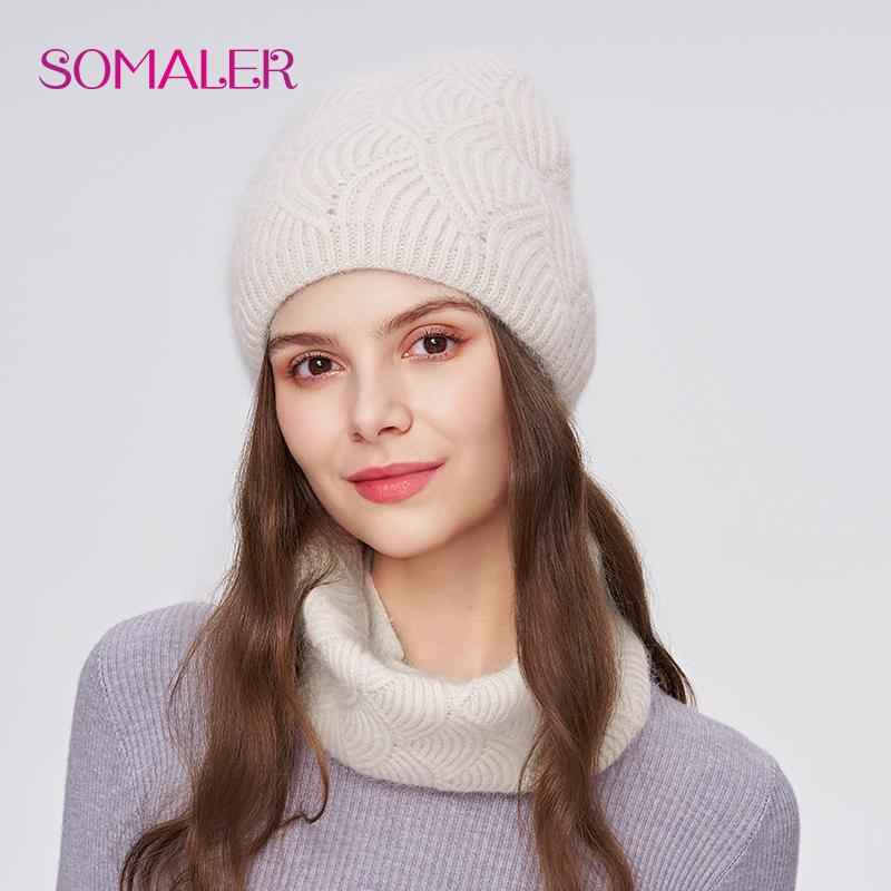 SOMALER Women's Winter Warm Fluffy Angora Hat Scarf Set Warm Angora Wool Knit Beanie  Neck Warmer 2 in 1 Gift Set