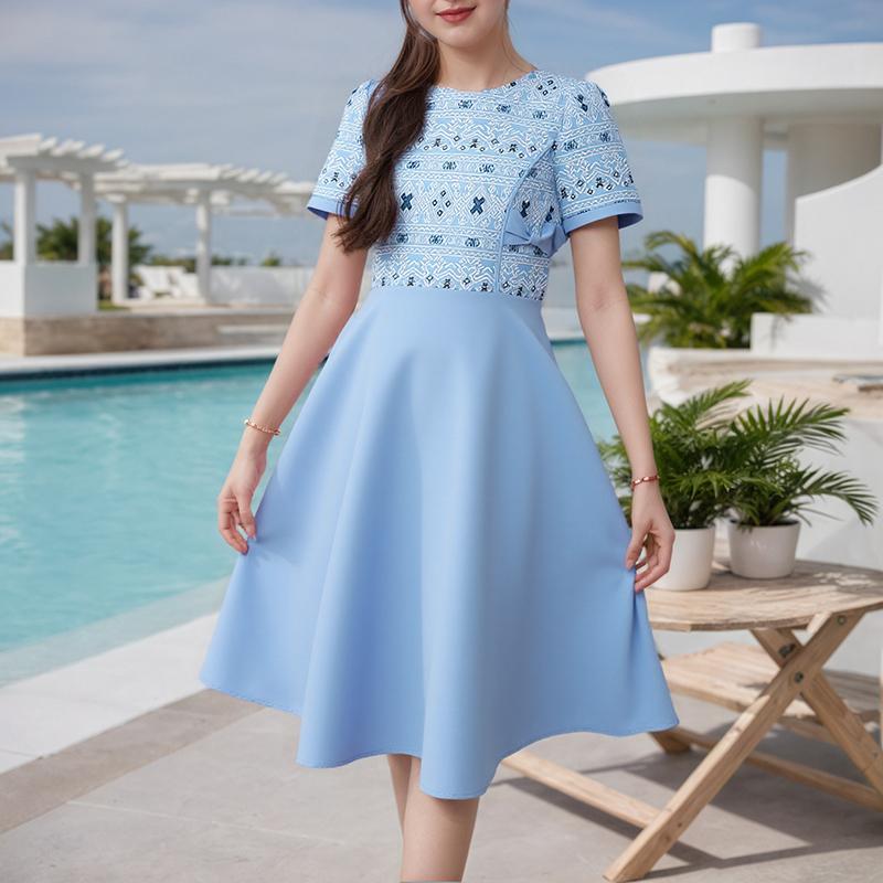 

ZANZEA Женское платье с принтом, пэчворк, повседневное, с круглым вырезом, с короткими рукавами 5XL синий