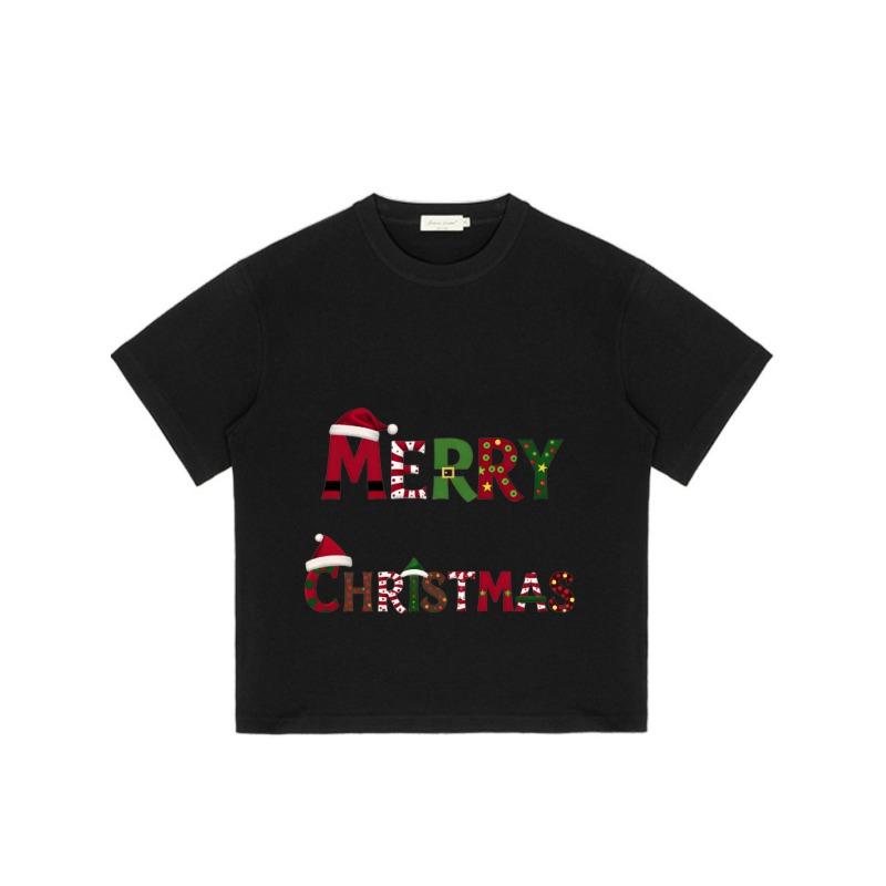 Christmas T-Shirt Black Merry Christmas Santa Hat and Candy Cane Pattern Holiday Party Wear