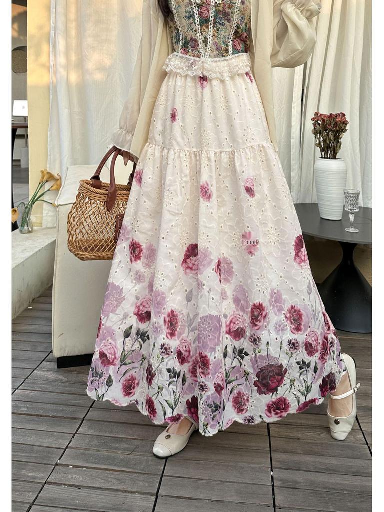Women's French High Waist Embroidered Crochet Midi Skirt for Autumn/Winter