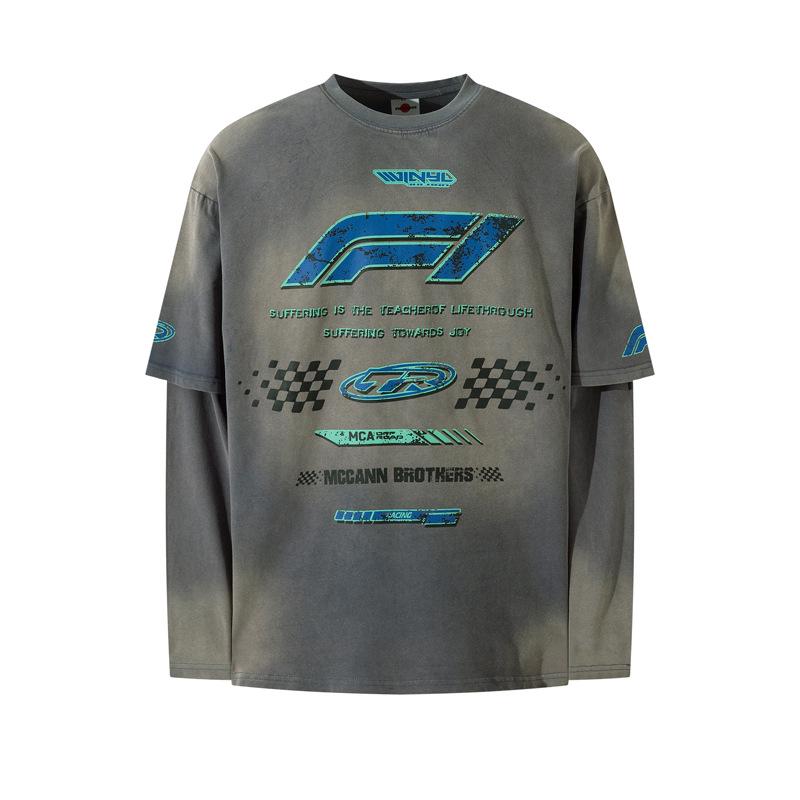 American Racing Retro Distressed Long Sleeve Tee - Hip Hop Streetwear with Cracked Letter Print and Fake Two-Piece Design