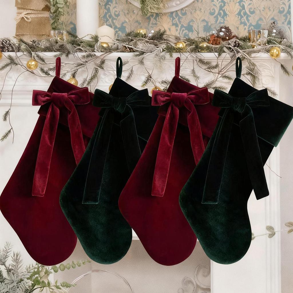 Christmas Stockings Seasonal Decorations Holiday Velvet Bow Stockings for Christmas Tree Fireplace Mantel Stair Railing Wall
