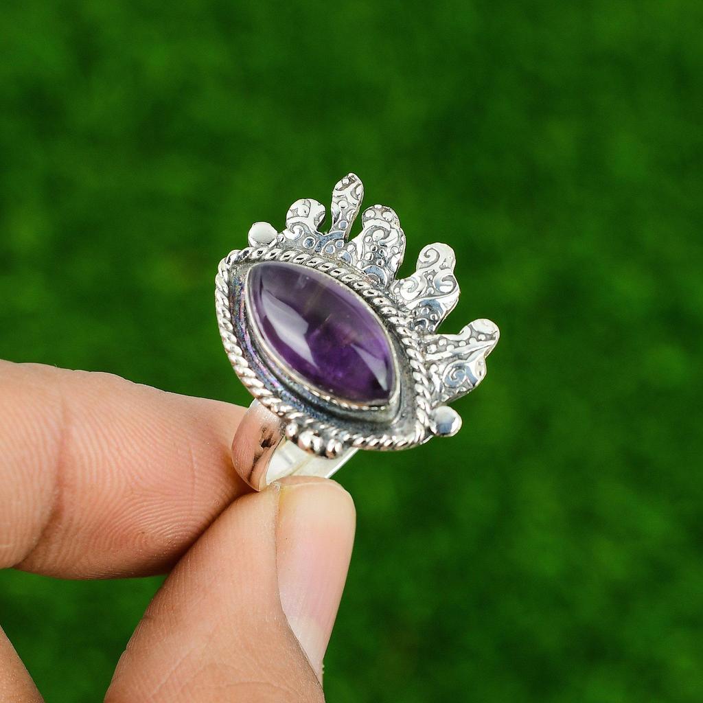 Mothers day Deal 925 Silver Marquise African Amethyst Gemstone Bezel Sister Ring