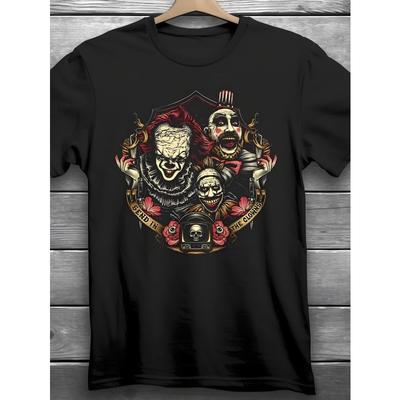 European Sizes  Mens Gothic Horror Clown Graphic T-Shirt | Black, Short Sleeve, Features Scary Clowns, Red Roses & Skull Design,