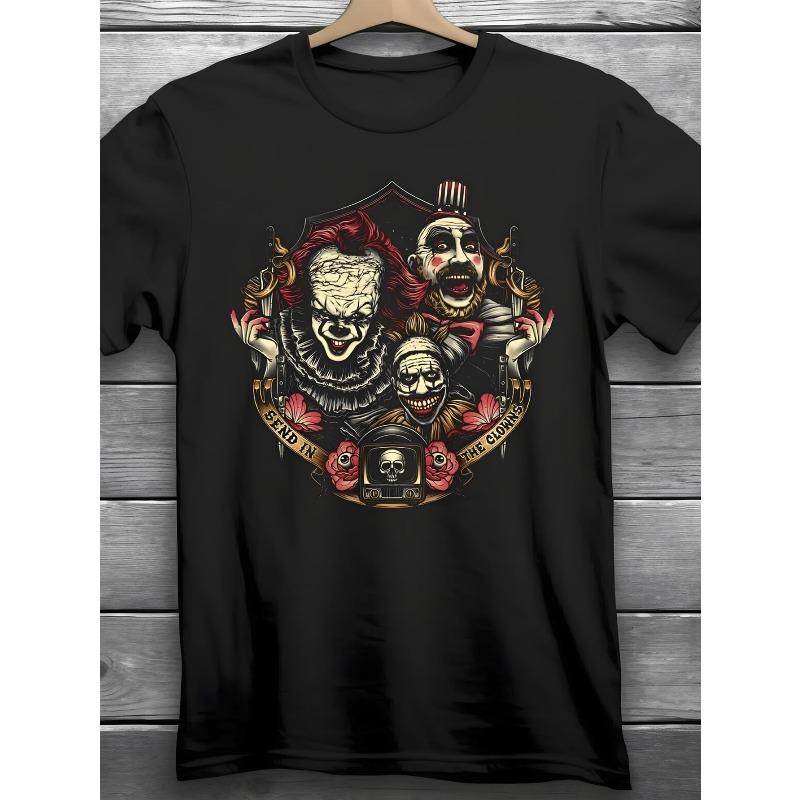 

Европейские размеры Мужская готическая футболка с принтом клоуна-ужаса | Черная, с коротким рукавом, с изображением страшных клоунов, красных роз и черепа, S чёрный