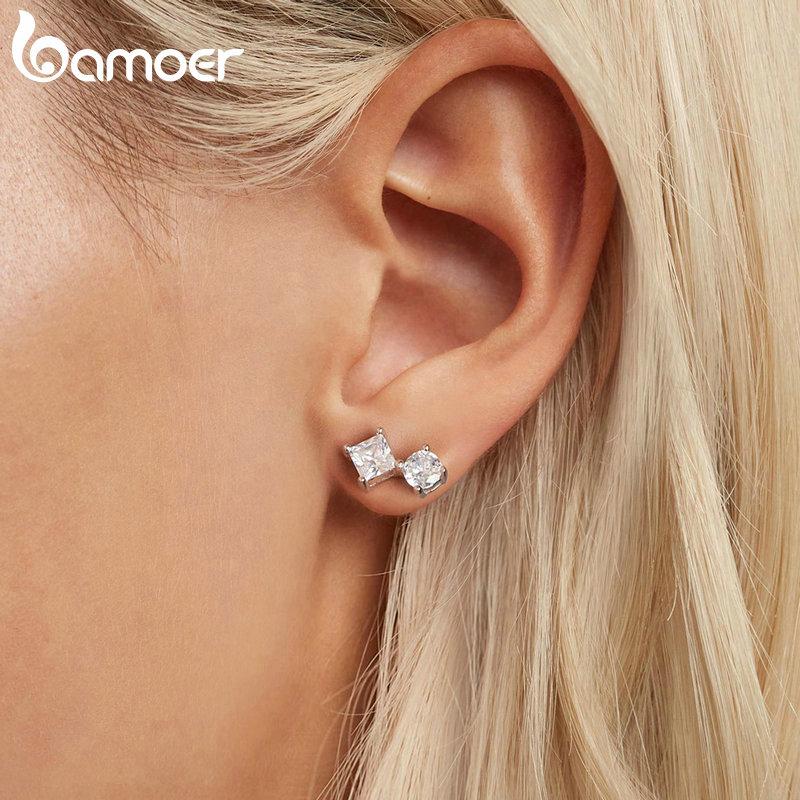 Cercei cu știfturi din argint 925 BAMOER, placați cu platină, mici, simple, lucrate manual, hipoalergenice, de zi cu zi