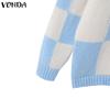 VONDA Autumn Women Round Neck Long Sleeve Plaid Pullover Long Sweaters