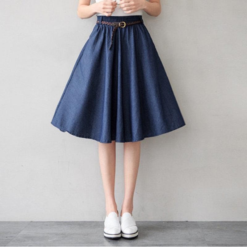 

Літні осінні жіночі джинсові спідниці A-Line повсякденні поясні спідниці з високою еластичною талією One Size темно-синього кольору