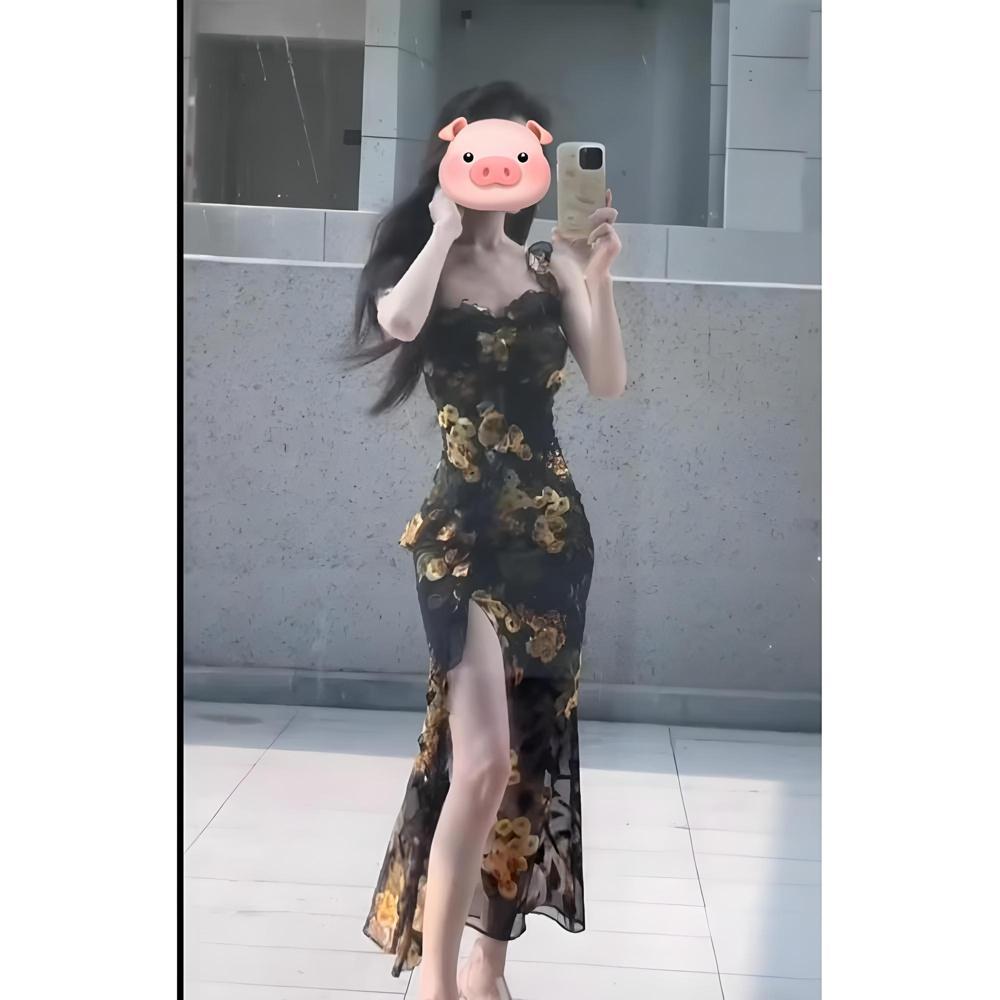 

Холодный Отдел Уникальный Шикарный Стиль Платье на Подтяжках Ниша Разрез Вилкой Облегающее Бедра Длинная Юбка Лето XL- (recommended 110-60kg)