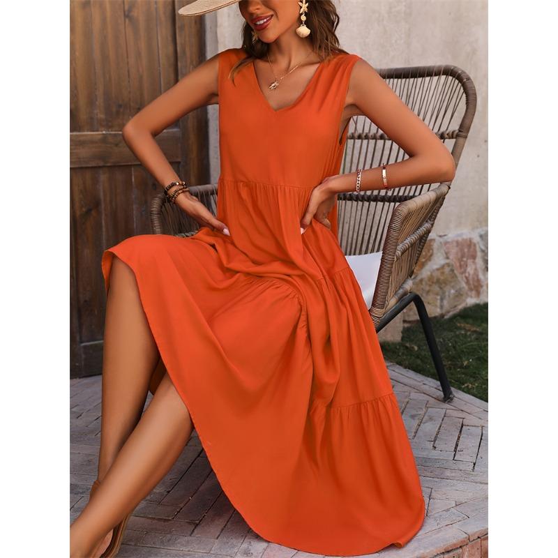 Naiste mood suvine kevadine ühevärviline printimine varrukateta V-kaelusega vaba vöökohaga vabaajakleidid
