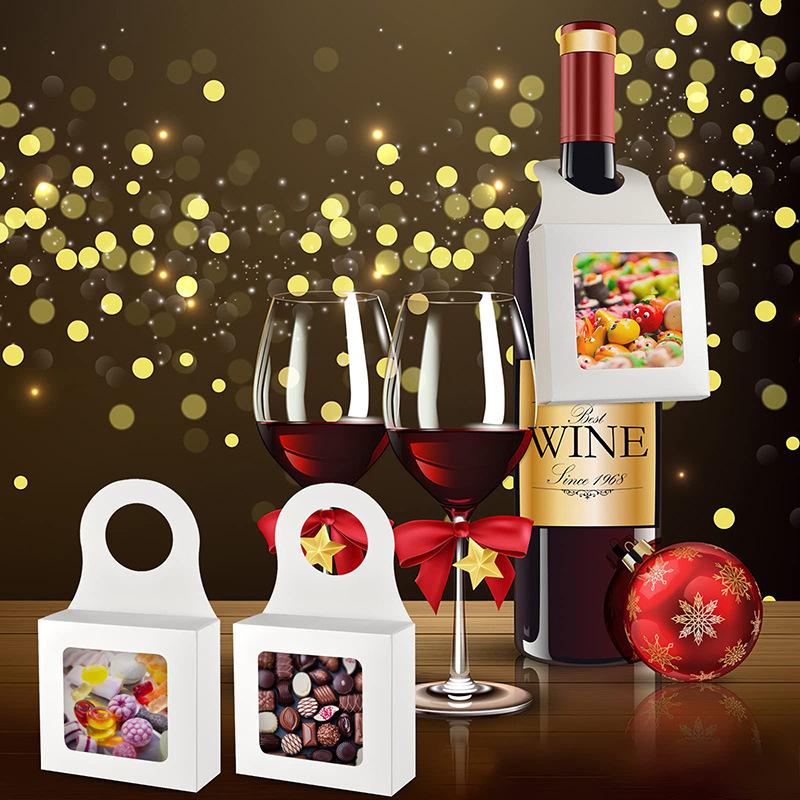 30 sztuk Kraft pudełka na butelki wina z okienkiem wiszące składane trwałe pudełko prezentowe z papieru Kraft dekoracyjne artykuły na przyjęcie weselne