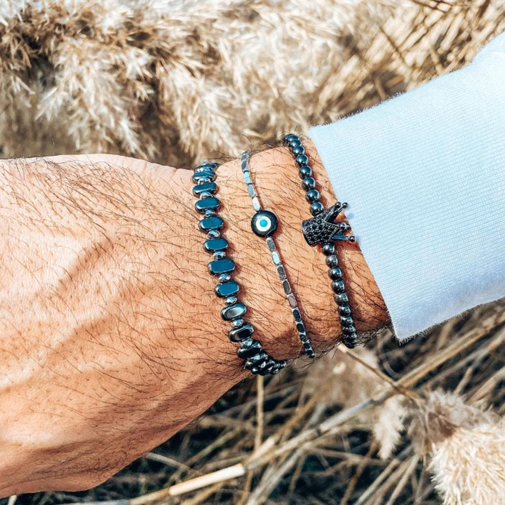 Bracelet Jewelry, Black Gallstone, Volcanic Stone, Wooden Beads, Multi-layer Men's Bracelet Combination Set, Elastic Bracelet.