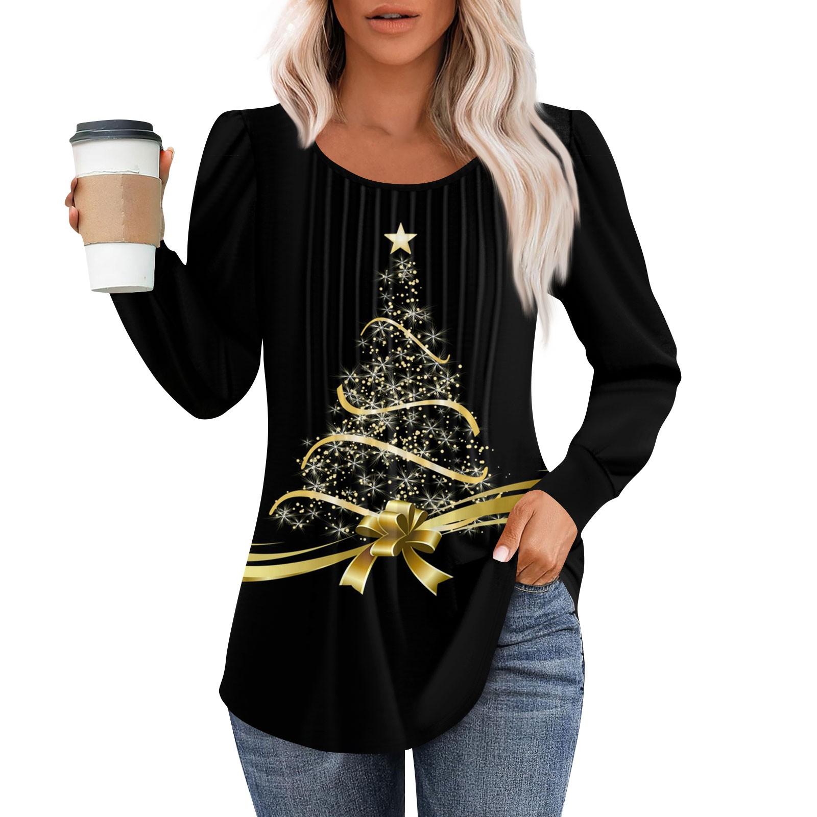 

Женская модная повседневная плиссированная футболка с круглым вырезом и рождественским принтом с длинными рукавами XXL