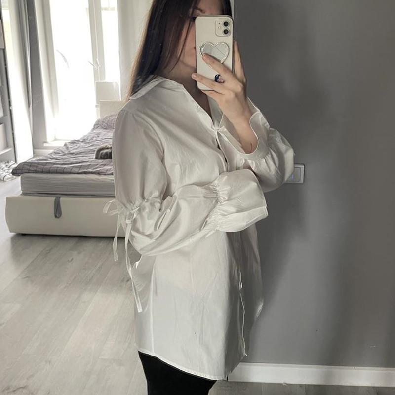 Ženy Nová móda Bílá Klopa Bílá Košile Jaro Podzimní Chic JK Dívčí Jednobarevné Obvaz Flare Rukávy Dlouhé topy Halenka