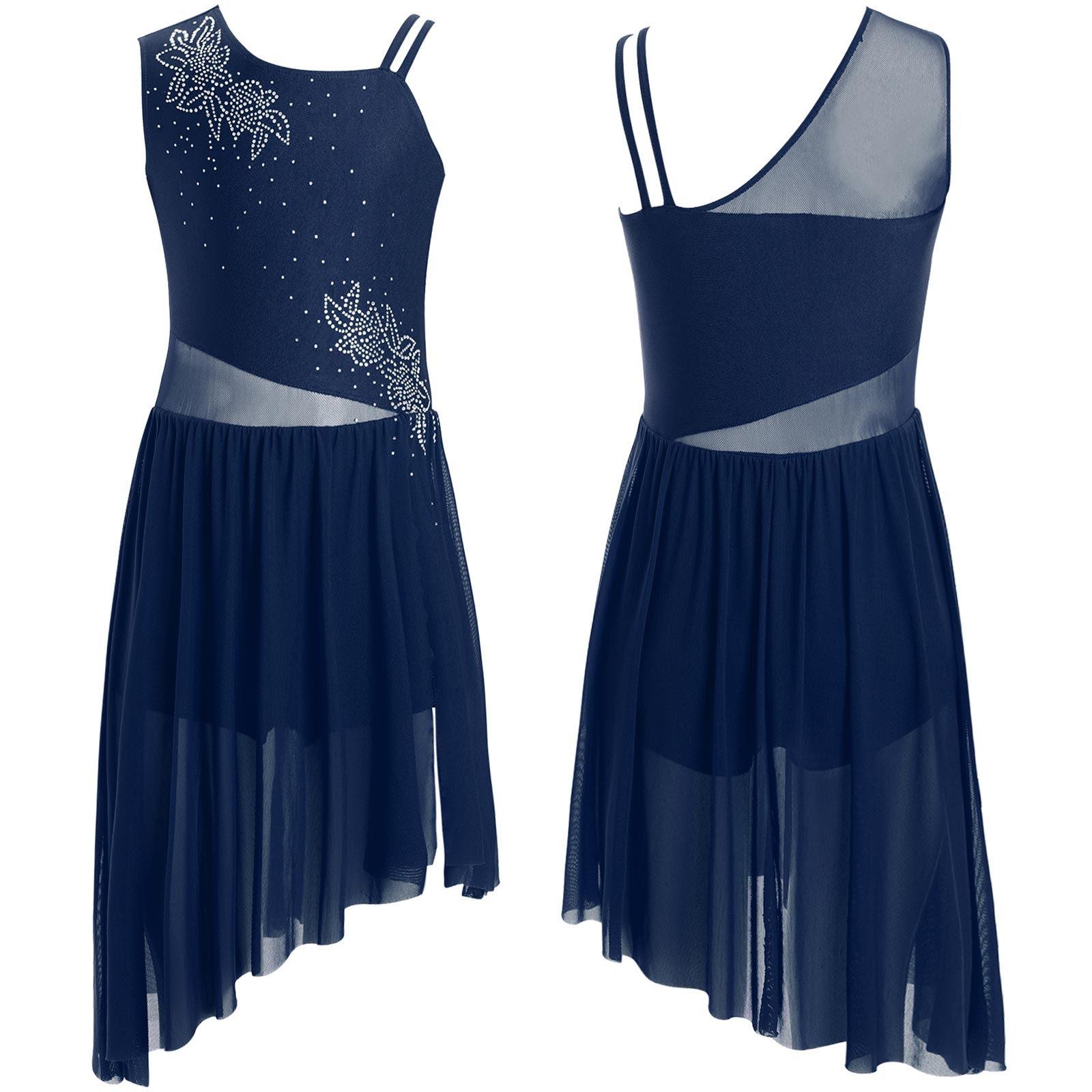 

Лирическое танцевальное платье для девочек без рукавов с цветочным узором из страз и асимметричным разрезом для выступлений на сцене 5-6 Years темно-синий