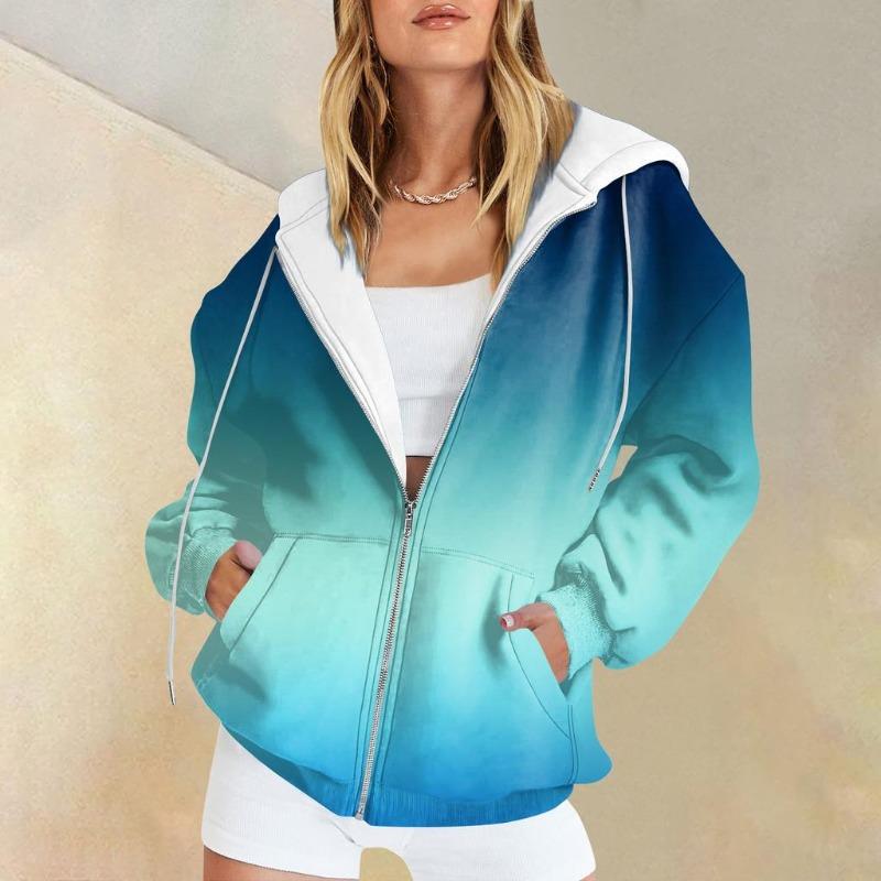 Damen Hoodies Casual Fashion Gradient Printed Langarmshirts Pullover Hoodies Reißverschluss Sweatshirts Mantel