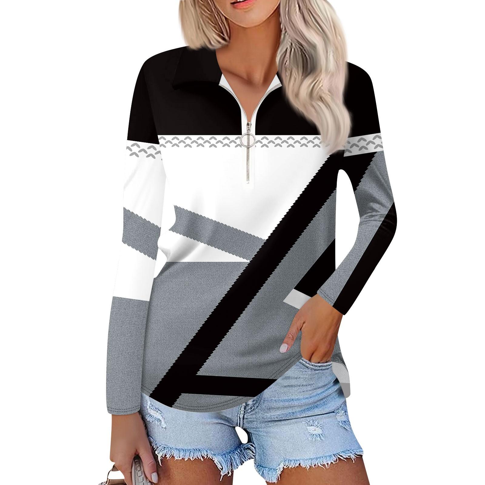 Женская мода весна-осень повседневная принтованная молния V-образный вырез длинный рукав — фото 3