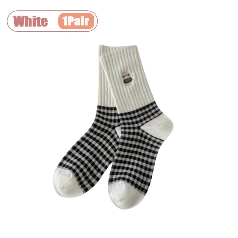 

1-10Pairs Vintage Black White Plaid Mid Calf Socks for Women Autumn Winter Cute Cat Cartoon Design Cotton Long Socks One Size