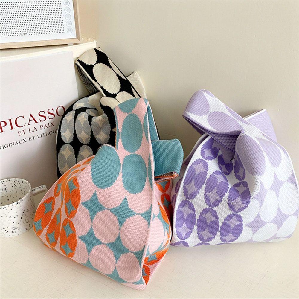 Mini Karo Strick Handtasche Nischen Design Damen Mädchen Tragetasche Handgeknüpft Knoten Handgelenk Tasche Lässig Farbe Umhängetasche Einkaufstaschen