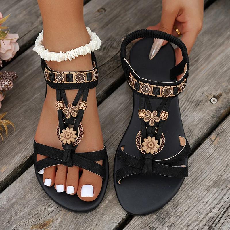 

Fashion Flowers Decor Flats Bohemian Sandals Women Plus Size 36-43 Summer Gladiator Sandalias Mujer Lightweight Non Slip Beach Sandles 36 чёрный