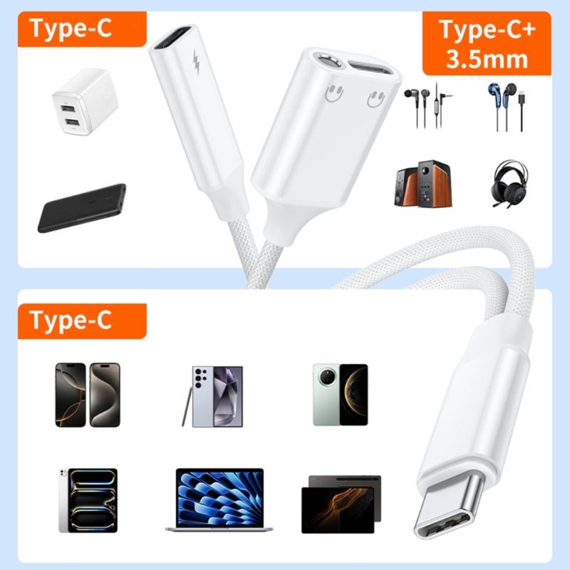 Type C Headphone Jacks Splitter PD60W Power Delivery HiFi Sound Nylons Braids Cable Simultaneous Charging Sound Use