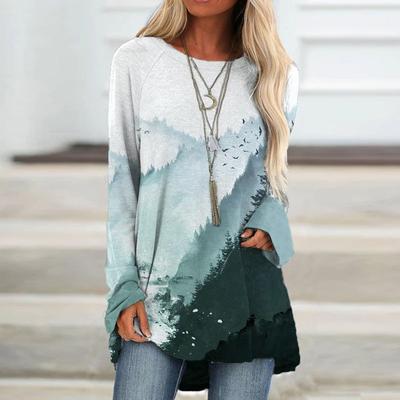 Plus Size Women's Autumn Canyon Print Comfortable Long Sleeve Round Neck T-shirt Casual Baggy Mid Length T-shirt Top