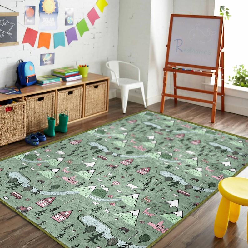 Cute Village Green Kids Rug Forest Jungle Theme Washable Play Mat Custom Design Easy Clean Carpet for Nursery Bedroom Playroom