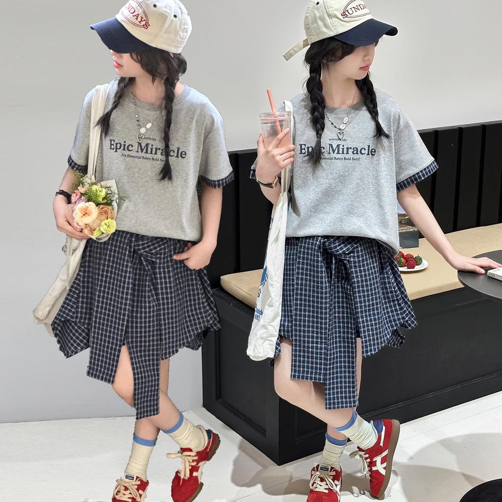 Girls' short sleeved skirt and pants set for summer 2026, new children's Korean style outfit, stylish little girls' summer two-piece set