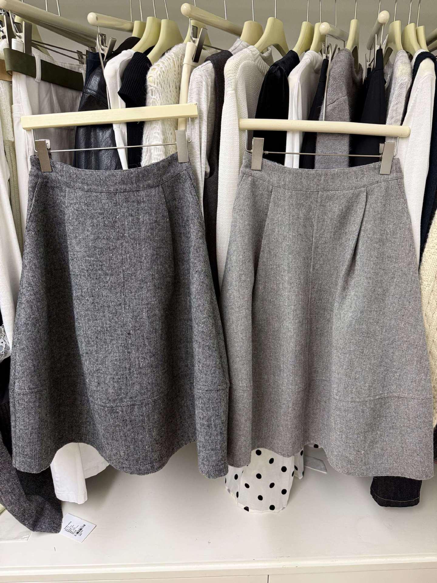 Korean Woolen Grey Pleated High-Waisted Midi Skirt for Women - Elegant Petite Autumn Winter Style Extra Large