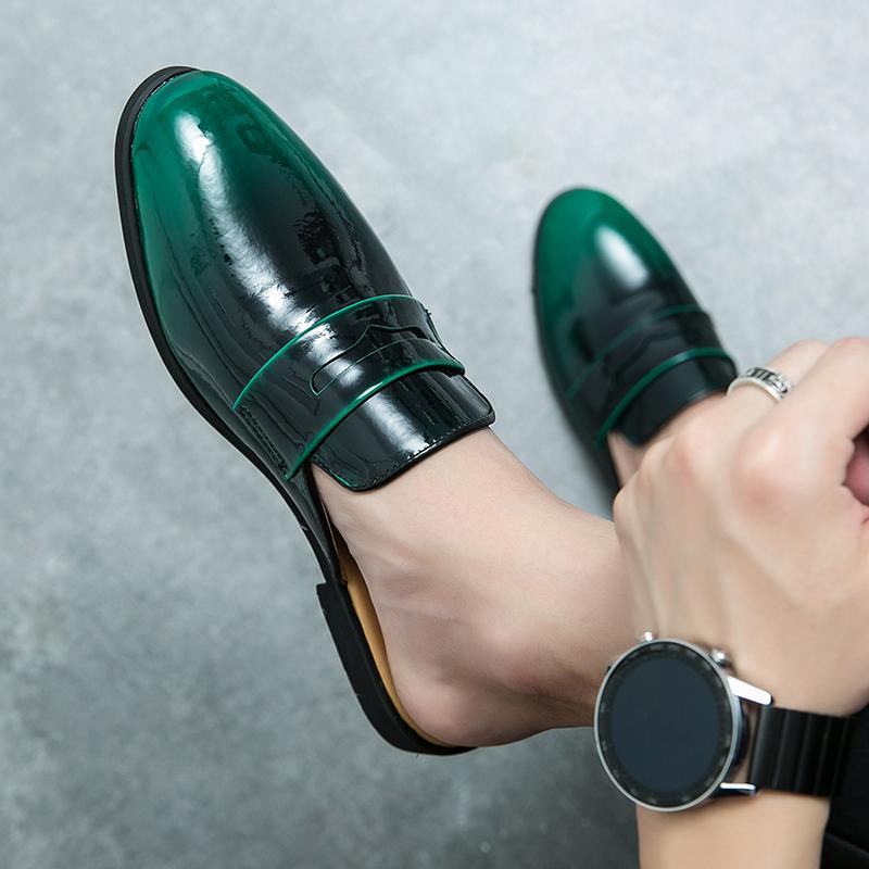 Summer Half Shoes for Men Black Loafers Slippers Patent Leather Mens Casual Driving Shoes Lightweight Flats Mules Slides Sandals