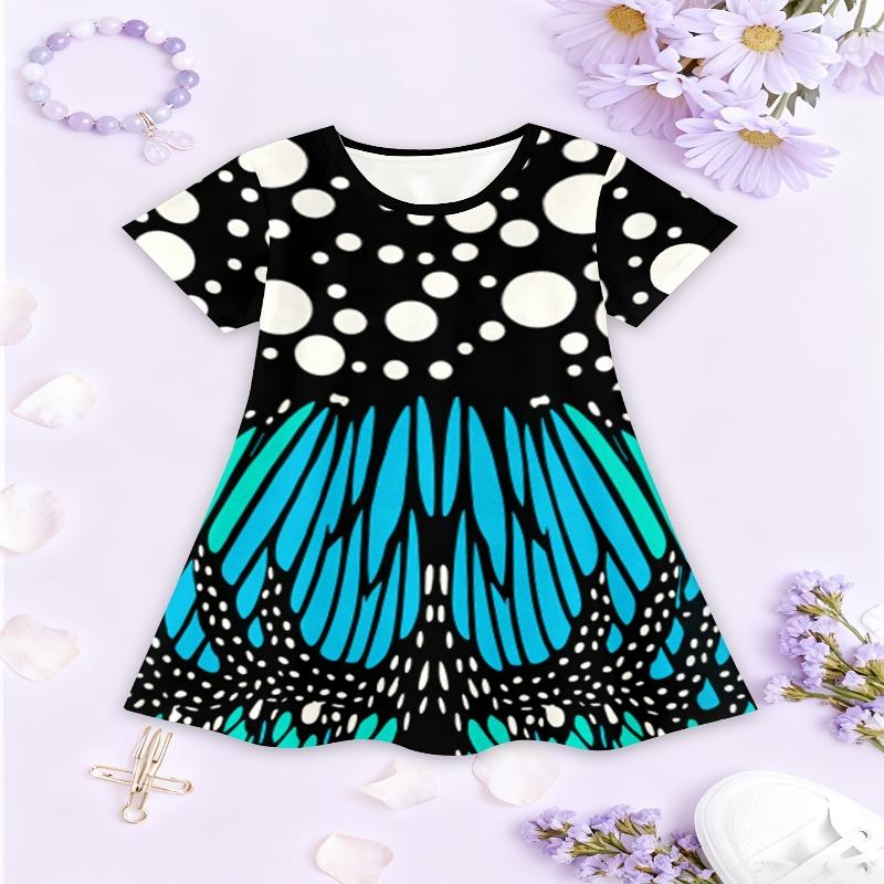 Girls' 3D Red Butterfly Print Short Sleeve Dress, Comfortable Fit, Perfect for Outdoor Activities and Vacations