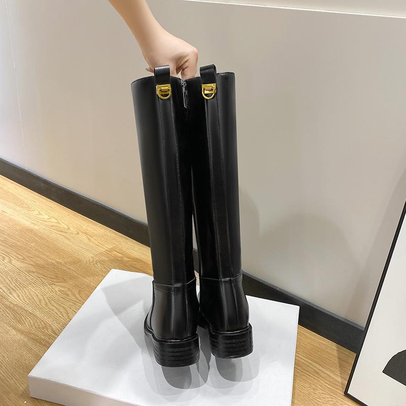 Cowhide Version of the New Autumn and Winter Side Zipper High Boots, Thin Knight Boots, Women's Flat Thick Heels But Knee Boots