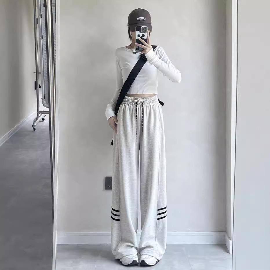 Dreistreifige Freizeit-Seitenhose für Damen im Frühling und Herbst Neuer Stil Student Koreanisch Sportlich Gerade Hose Weiß Grau Schwarz