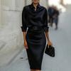 Women's Satin Midi Shirt Dress Long Sleeve Lapel V Neck Bodycon Office Work Dress Sheath Business Dress with Belt