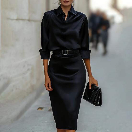 Women's Satin Midi Shirt Dress Long Sleeve Lapel V Neck Bodycon Office Work Dress Sheath Business Dress with Belt