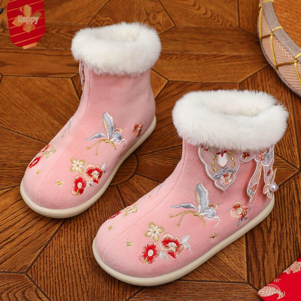 Winter 2025 Girls' Hanfu Butterfly Snow Boots: Handmade Velvet Embroidered Cotton Shoes