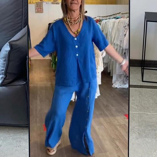 

2 шт./компл., женская рубашка и брюки, комплект домашней одежды, однотонный топ с v-образным вырезом и короткими рукавами, широкие брюки на пуговицах с разрезом и эластичной резинкой на талии, свободные брюки, одежда для поездок на работу S белый