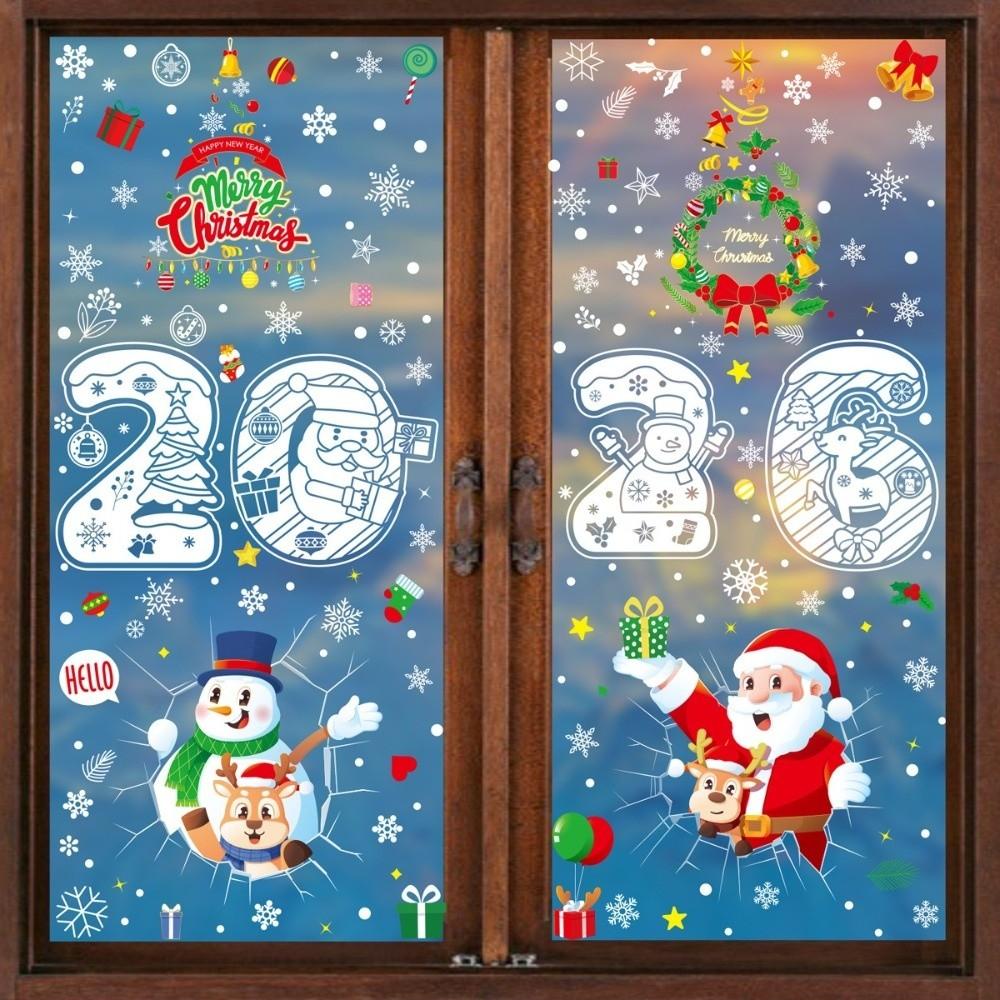 2026 Christmas Window Sticker Santa Claus Pattern Elk Snowman Design Festival Party Sticker Snowflake Motif