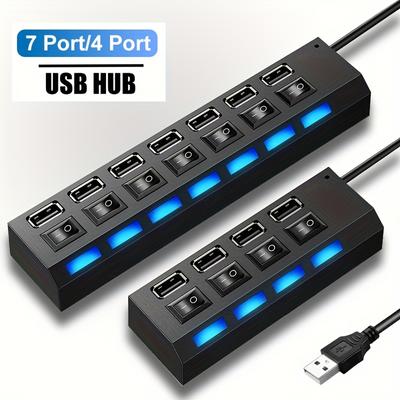 Adaptador Hub USB 2.0 de 7 puertos/4 puertos con LED y interruptor de encendido/apagado para PC, computadora portátil