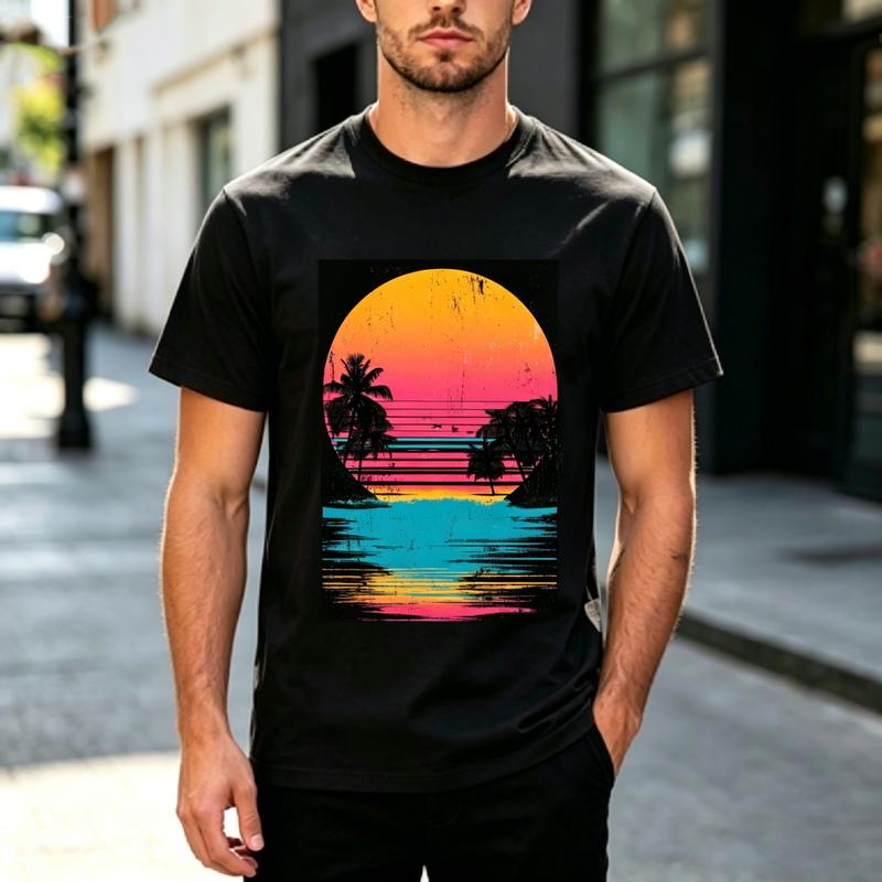 70s Retro Wave Ocean Reflection Sunset Palm Silhouette Print Tshirt Unisexs Unisexs Cotton Tee Summer Surf Outdoor Daily Top