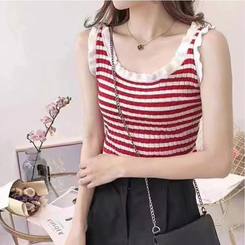 Summer New Port Flavor Striped Short Knitwear Top Women Summer Slimming Wooden Ear Edge Halter Small Vest