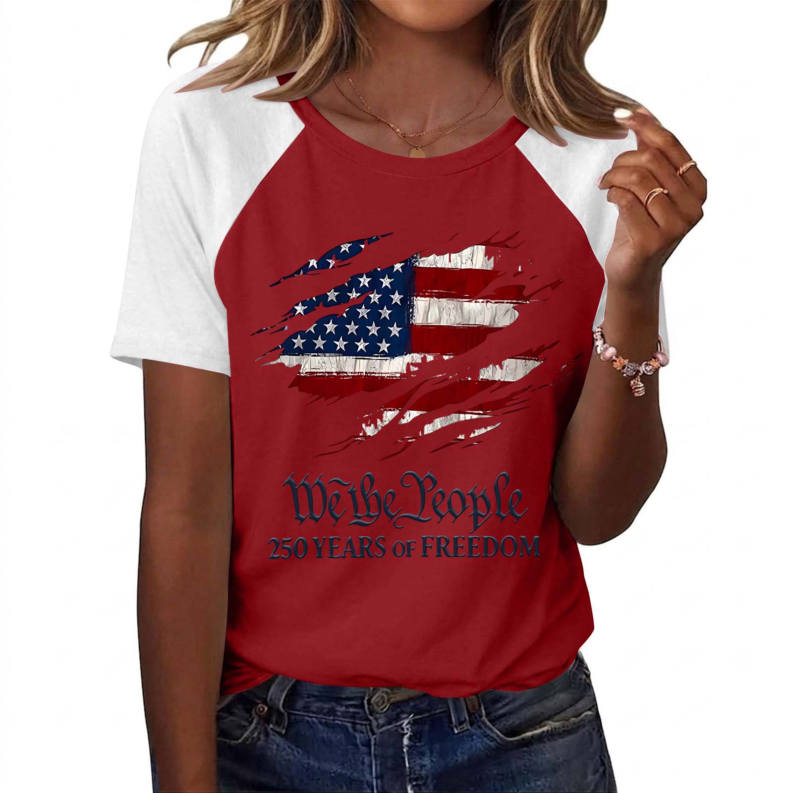 

Women s Casual Short Sleeve Raglan Sleeve T-Shirt with Graphic Print We the People 250 Years of Freedom Patriotic Design XXL