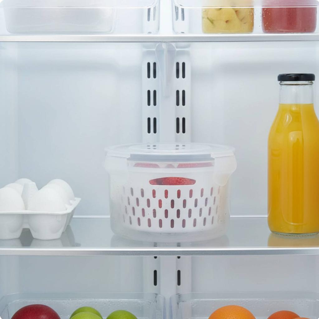 Round Food Container with Colander Microwave Safe Refrigerator Produce Storage with Lid Airtight Produce Crisper Box Leakproof