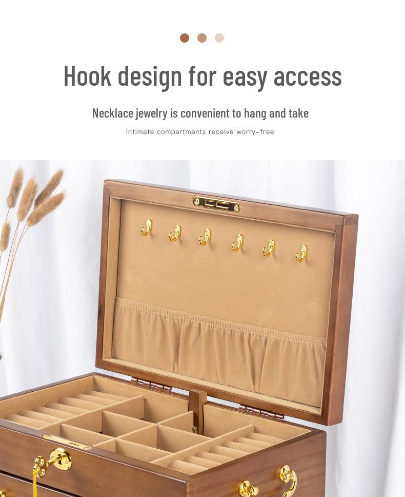 Mid-Century Solid Wood Jewelry Box with Lock: Multi-Layer Storage and Velvet Interior